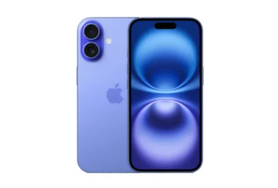 Front view of an Apple iPhone 16 with a blue pattern home screen and no icons. Slightly behind it, to the left, is the rear side of an iPhone 16 showing the two round camera lenses.