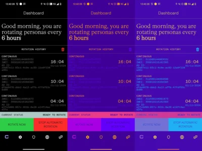 Smartphone screen showing title Dashboard. Below that is text stating Good morning, you are rotating personas every 6 hours. Below that it lists the previous persona rotations with the date and time of each.