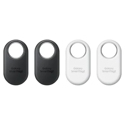 Two black, and two white, Samsung SmartTag 2 tracker devices with a white background.