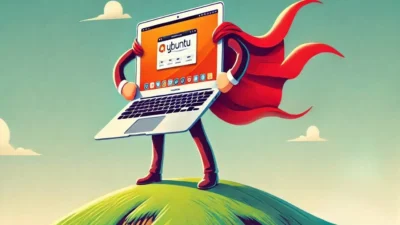 A graphic showing a MacBook Air with feet protruding below it, and arms on the sides. Over the arms can be seen a red cape. The feet are standing on what looks like a mountain peak covered in grass.