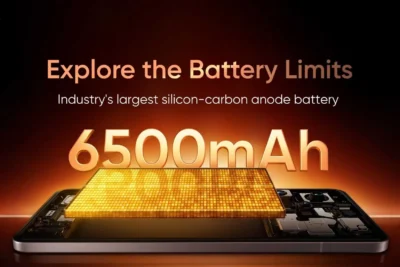 The image showcases a smartphone's internal components, specifically highlighting a large battery. In the foreground, a golden, grid-like battery dominates, labeled with the impressive capacity of "6500mAh". The background features a dark, warm gradient that emphasizes the battery's prominence. The overall style is sleek and technologically advanced, suggestive of an advertisement or promotional material. The setting appears to be a digital rendering, not a real-world location.