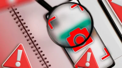 The image shows a smartphone with a camera icon on its screen, which is being examined closely by a magnifying glass. In the background, there is a spiral notebook and some red warning signs. The scene appears to be set on a light-coloured surface, possibly a desk or table.