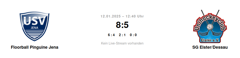 Endstand Floorball Pinguine Jena gegen SG Elster-Dessau am 12.01.2025 in Jena