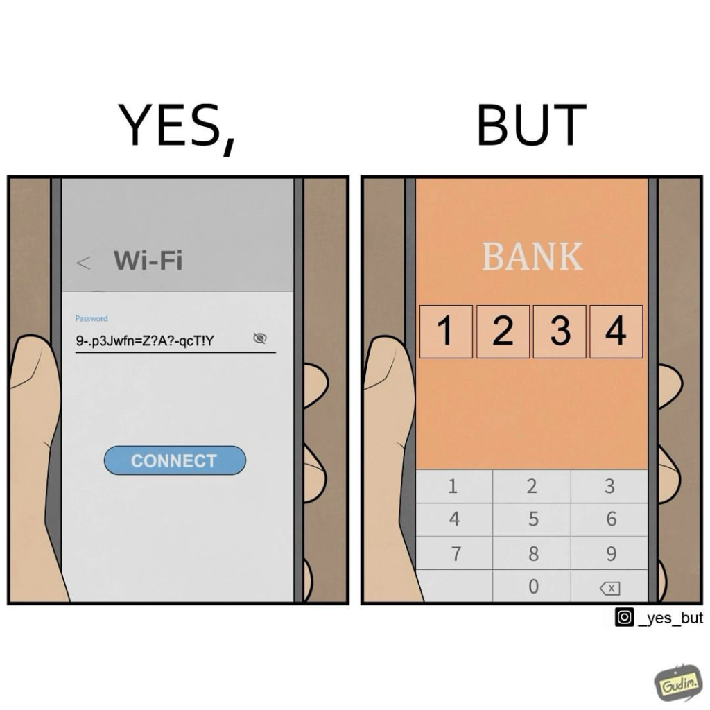 The first panel displays a complex password for WiFi login, while the second panel shows a bank account app login with a simple password "1234".