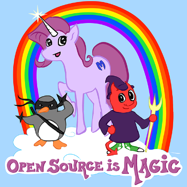 a rainbow arcing across a white cloud over a blue sky. on top of the cloud sits a grey penguin dressed like a ninja, a pink unicorn pony, and a BSD daemon. below in purple letters: "Open Source Is Magic"