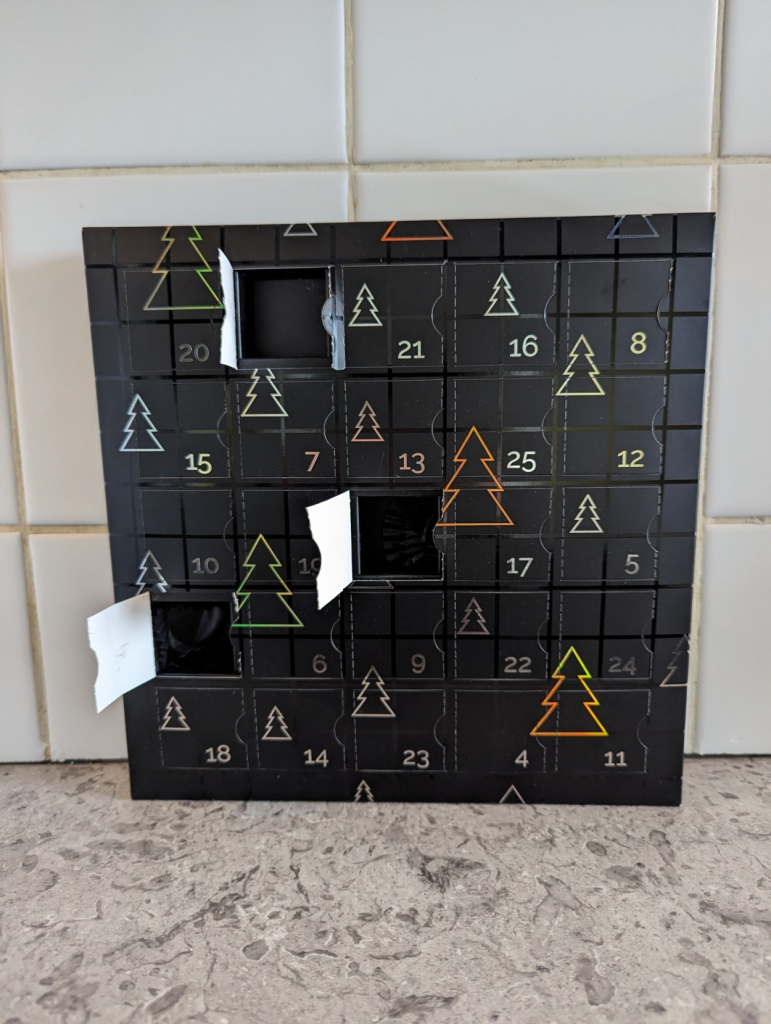 A glossy black advent calendar. It is decorated with metallic coloured line pictures of xmas trees. There are 3 doors already open, & empty of treats.