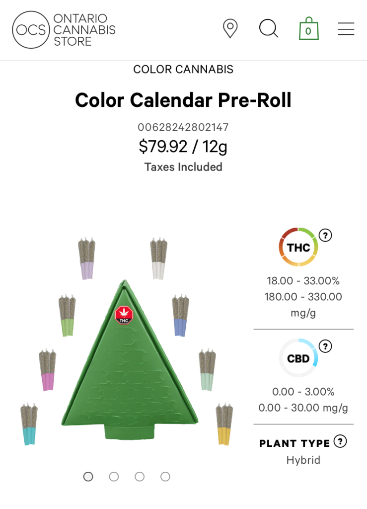 A photo of a cannabis advent calendar for sale on The Ontario Cannabis Store website.  It features a box in the shape of a green xmas tree surrounded by a number of pre-rolled joints. The title is Color Calendar Pre-Roll and it costs $79.92. 