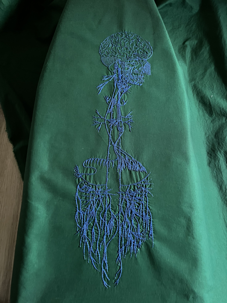 An image of an old engraving of a vagus nerve is embroidered on sulky green cotton. The embroidery of the main nerve lines is done in blue chain stitch in perlé cotton. The brain and some of the face is stitched in the same thread in backstitch. Details in the face are stitched in single strand floss.