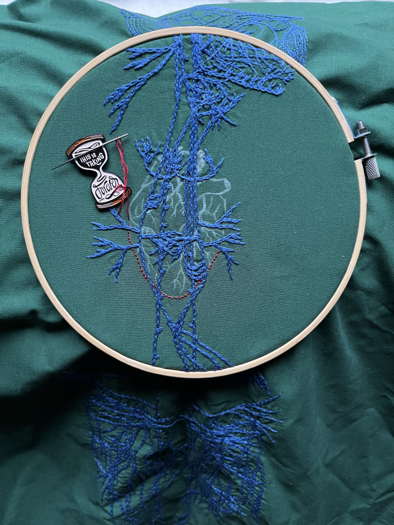 The upper chest area of a vagus nerve is stitched in blue chain stitch on green cotton is in an embroidery hoop. An anatomical heart has been sketched in thin white chalk and the outline is being stitched in two strand red back stitch. A needle minder in the shape of an hourglass that reads, "This is taking forever," sits near the stitches holding a needle.