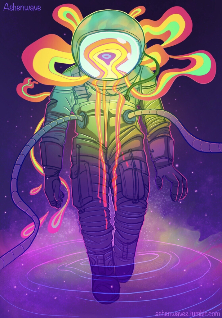 An astronaut floating in space, with a very colourful palette, from purples to radioactive green and yellow. The helmet doesn't show a human face but a kind of being made of very vibrant colours, leaking from the astronaut's suit. The colours float in space illuminating the scene.