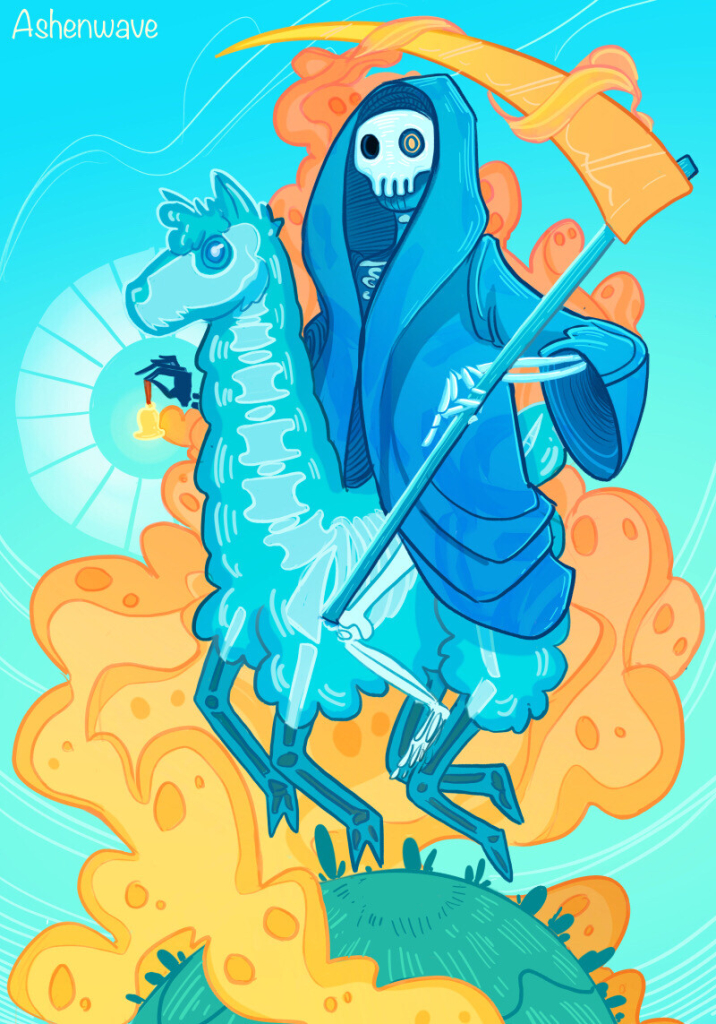 A skeletal figure shrouded in a blue robe, riding a bright blue llama. It's holding a scythe with a golden blade in one hand and a golden bell in the other. Surrounding both of them there's a cloud made of souls, ready to be reaped.