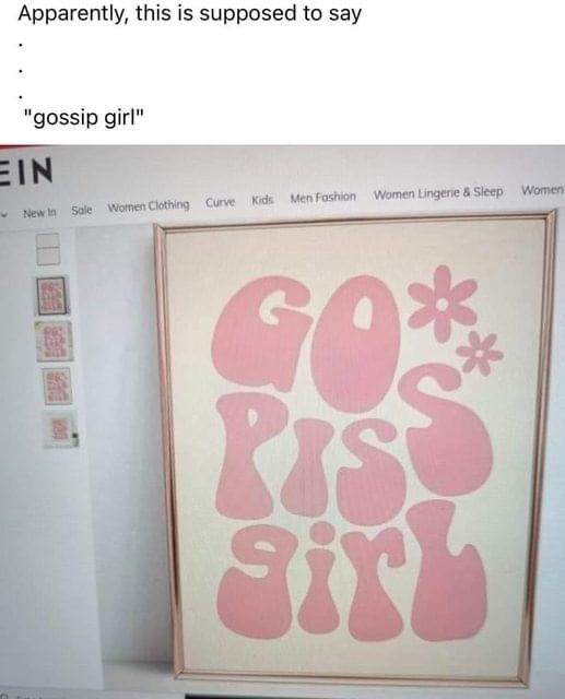 A poster with a sixties-style funky typeface in light pink that says go*piss*girl. And a caption that says: "Apparently, this is supposed to say ... gossip girl."