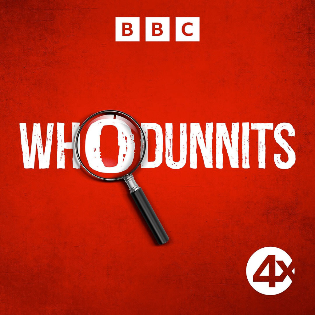 Illustration for BBC Radio 4 Extra's season of radio whodunnits. On a red background a Sherlock Holmes-style magifying glass dramatically enlarges the letter 'O' in the word 'WHODUNNITS'