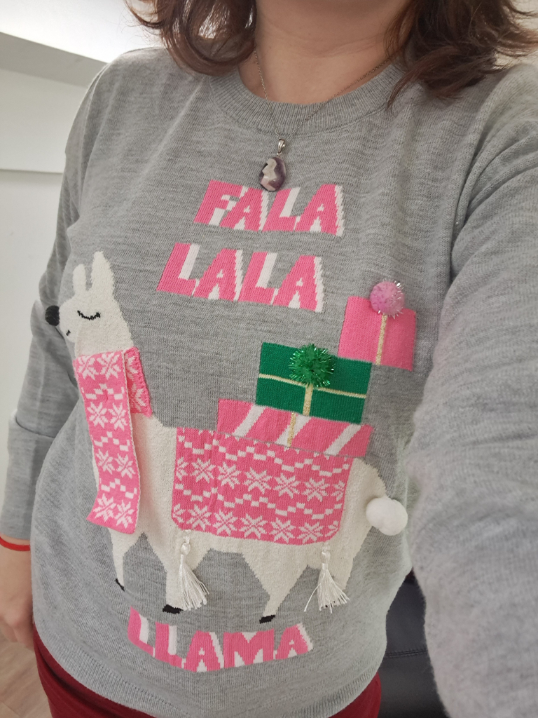 Grey sweater with a white llama on it. The llama is wearing a pink knitted scarf and blanket, carrying gift boxes on iys back. The pinka and green boxes are decorated with shiny pompoms. Pink letters around the llama say "Fala Lala Llama"