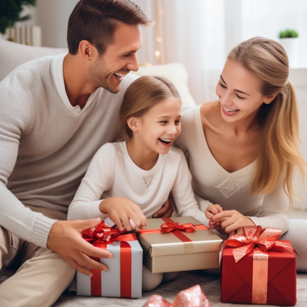 A white father, daughter, and mother opening Christmas presents