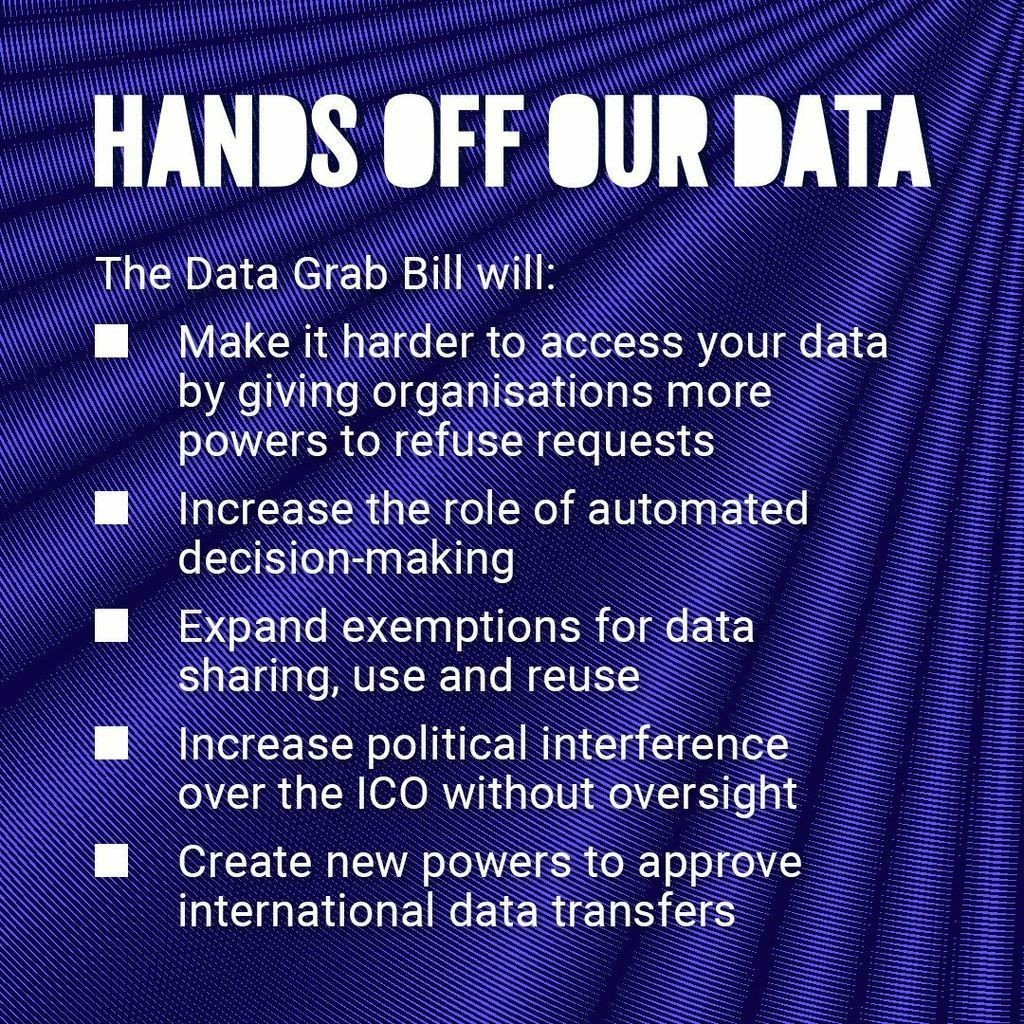 The Data Grab Bill will: Make it harder to access your data by giving organisations more powers to refuse requests / Increase the role of automated decision-making / Expand exemptions for data sharing, use and reuse / Increase political interference over the ICO without oversight / Create new powers to approve international data transfers