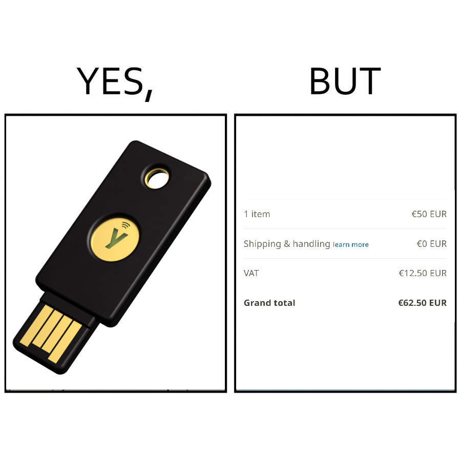 A meme format image with two boxes, spelling "Yes, but" as the header.

The "Yes," box showing a yubikey hardware token.

The "But" box showing the high price for one yubikey.