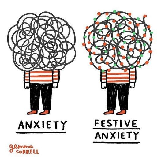 two figures wearing the same striped shirt and black pants with red shoes -- one's face is covered by a squiggle of black lines: Anxiety. the other's face is covered by a squiggle of black lines with red and green lights: festive anxiety.
Comic by Gemma Correll 