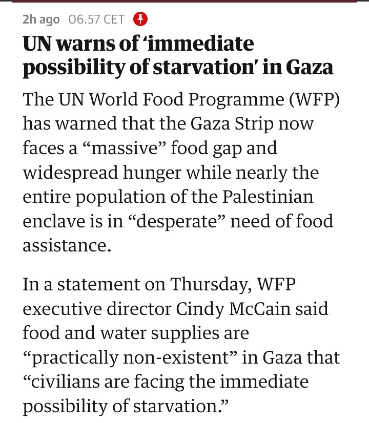 UN warns of ‘immediate possibility of starvation’ in Gaza

The UN World Food Programme (WFP) has warned that the Gaza Strip now faces a “massive” food gap and widespread hunger while nearly the entire population of the Palestinian enclave is in “desperate” need of food assistance.

In a statement on Thursday, WFP executive director Cindy McCain said food and water supplies are “practically non-existent” in Gaza that “civilians are facing the immediate possibility of starvation.”