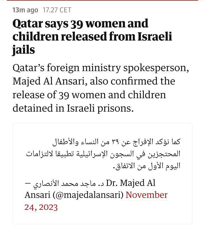 Qatar says 39 women and children released from Israeli jails

Qatar’s foreign ministry spokesperson, Majed Al Ansari, also confirmed the release of 39 women and children detained in Israeli prisons.