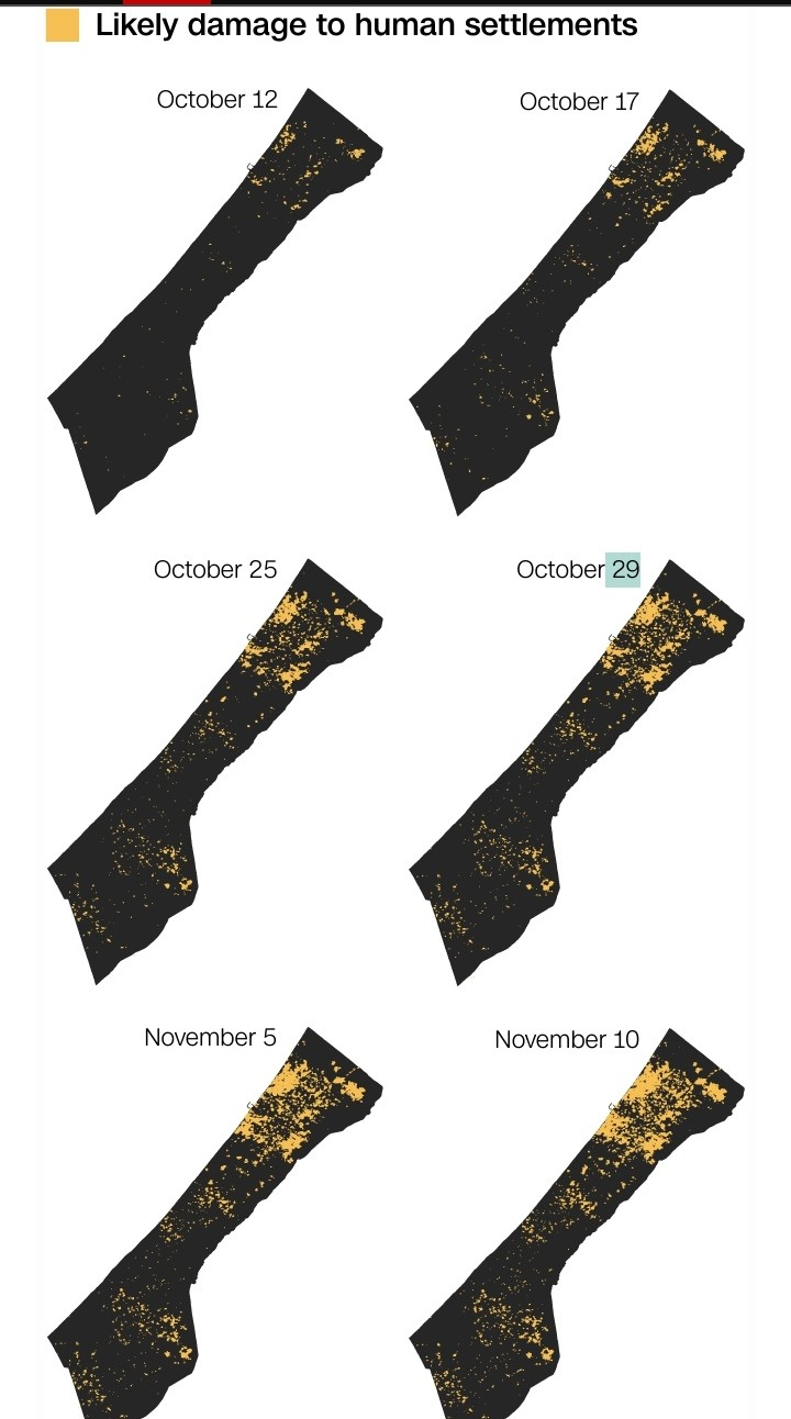 An image showing the drastic increase in damaged buildings in Gaza from October 12 to November 10