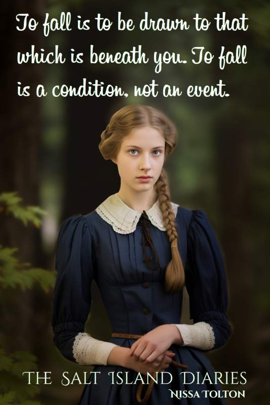 Caption: To fall is to be drawn to that which is beneath you. To fall is a condition, not an event.

A young woman with braided blond hair standing in a forest is staring at the camera.  She is wearing an 1840s era blue dress with while frilled collars and cuffs.