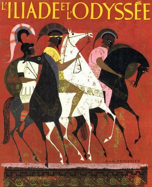 Cover of the french edition of the adaptation of the Iliad & the Odyssey, text by J. Werner Watson, illustrations by Alice et Martin Provensen, published in 1953 by Les Deux coqs d'or.
The illustration shows three armored greek riders in a style inspired by greek ceramics, black, white and pink on red ochre background.