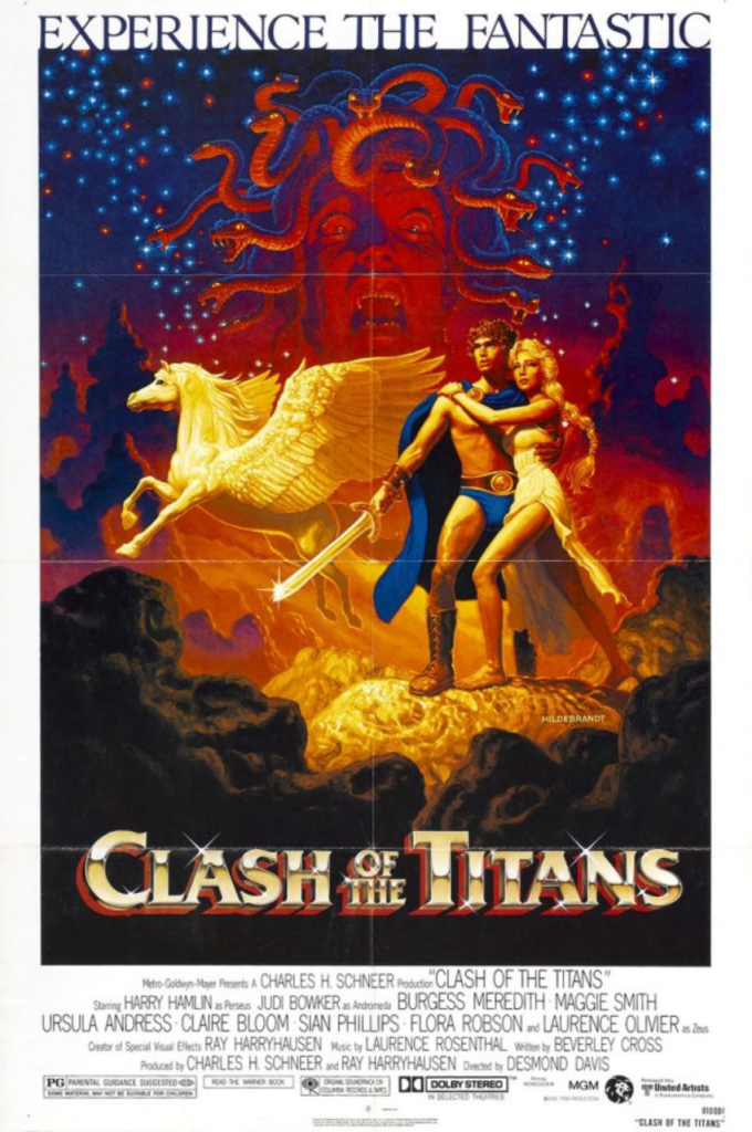 Movie poster for Clash of the Titans : a 1981 fantasy adventure film directed by Desmond Davis and written by Beverley Cross, loosely based on the Greek myth of Perseus. Starring Harry Hamlin, Judi Bowker, Burgess Meredith, Maggie Smith and Laurence Olivier, the film features the final work of stop-motion visual effects artist Ray Harryhausen.