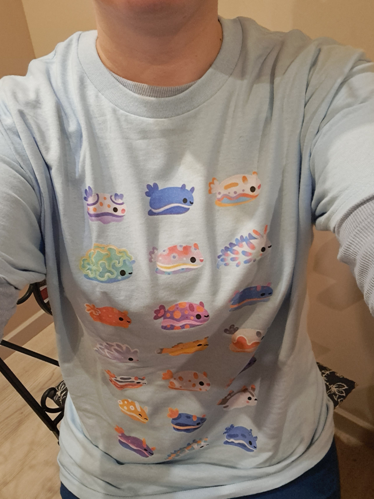 A light blue t-shirt featuring 21 cute drawings of various colorful sea slug species.