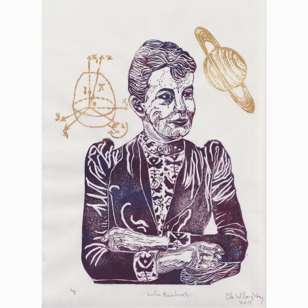 My linocut portrait of Sofia Kovalevski in burgundy surrounded by Saturn and a diagram about the rotation of irregular solids in gold ink.