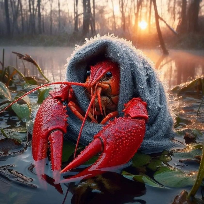 AI generated image of a crawfish swaddled in a fuzzy scarf, floating in the bayou. There are snowflakes on the scarf.