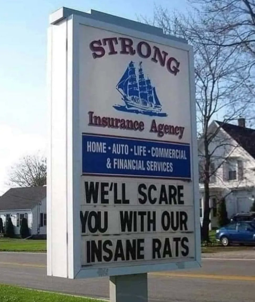 Strong Insurance Agency (a blue tall ship logo) Home. Auto. Life Commercial & Financial Services:

"We'll scare you with our insane rats."