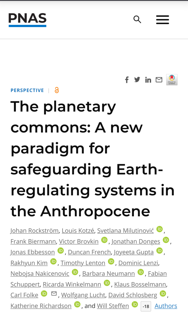 The title page of our new paper in PNAS, entitled "The planetary commons: A new paradigm for safeguarding Earth-regulating systems in the Anthropocene", by Johan Rockström and a number of co-authors.