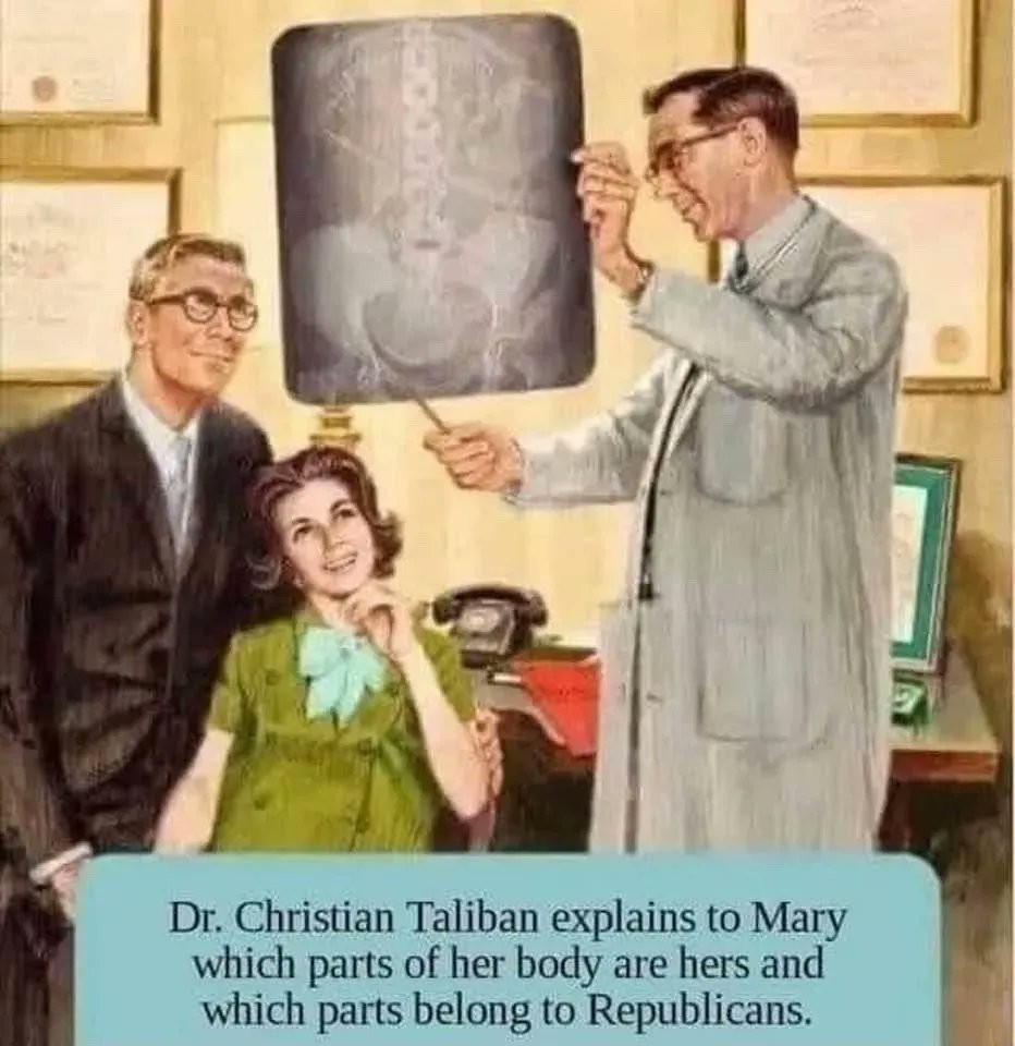 Dr. Christian Taliban explains to mary which parts of her body are hers and which part belong to the Republican party -- Norman Rockwell style image of a doctor pointing to an extra while a woman and man look on