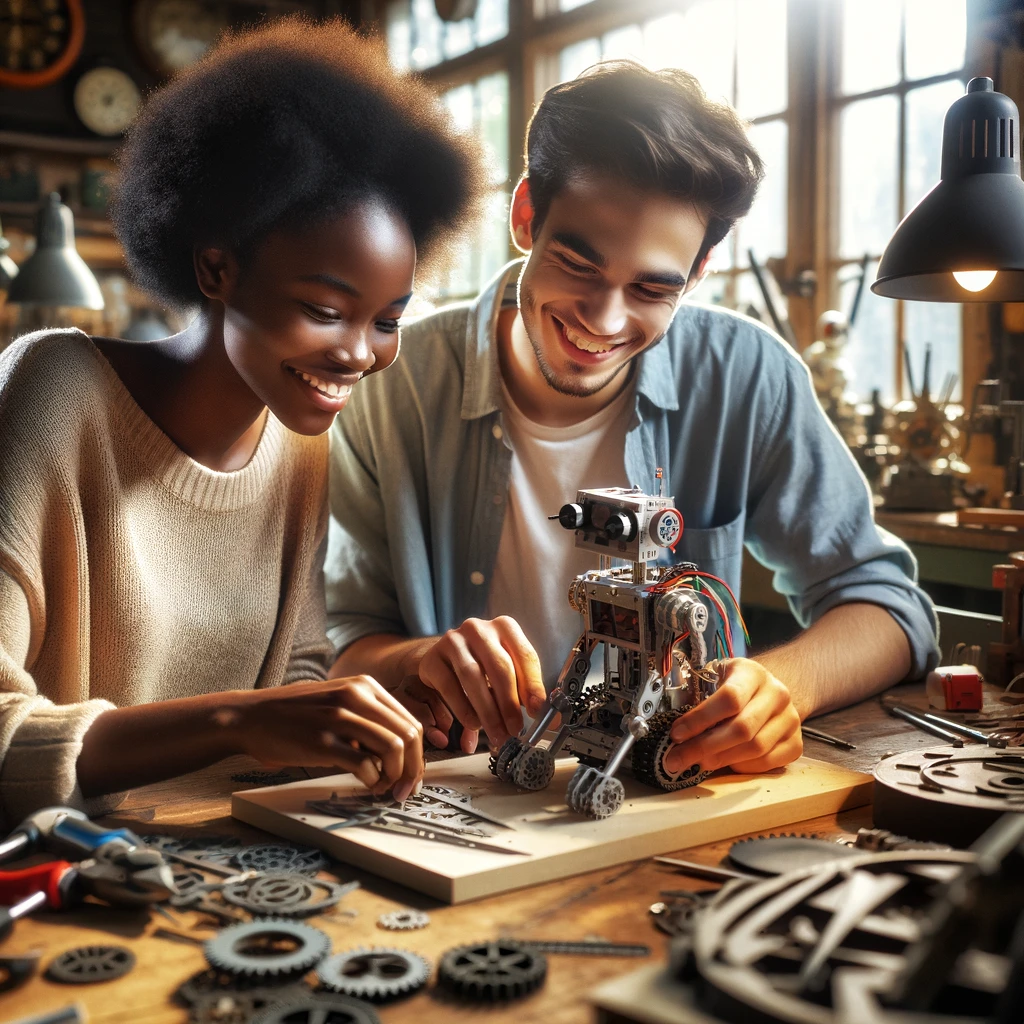 In a brightly lit workshop with natural light streaming in, a young woman and a young man are intently and happily working on a complex robot placed on a cluttered table. They are both dressed in casual attire. The workshop is a blend of old and new, with clocks visible in the background, conveying an atmosphere of creativity and innovation.