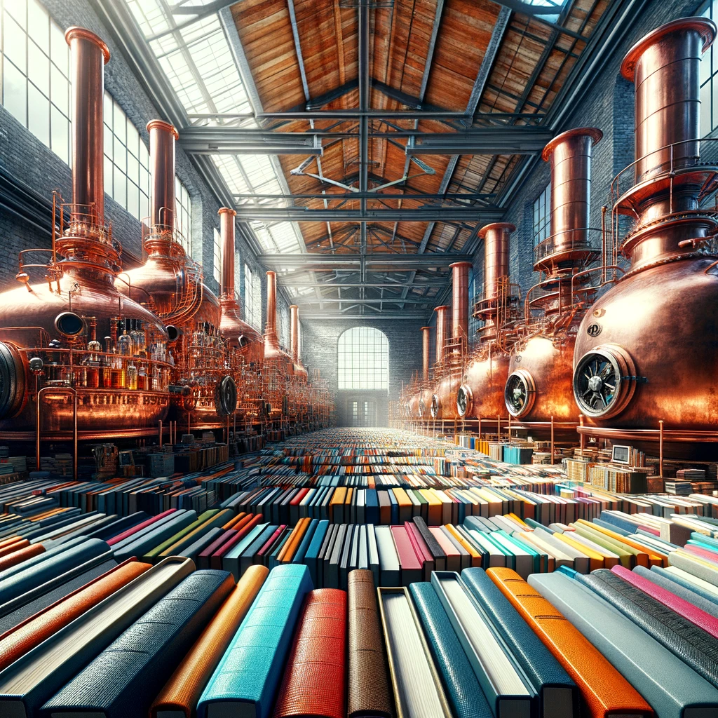 Image of a distillery, the floor, however, is covered in books.