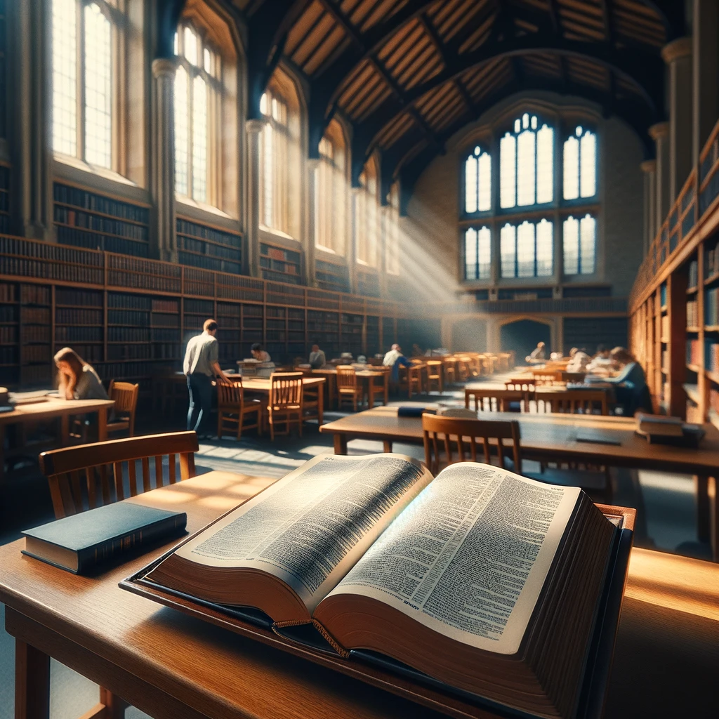 An open dictionary atop a table in a library reading room.