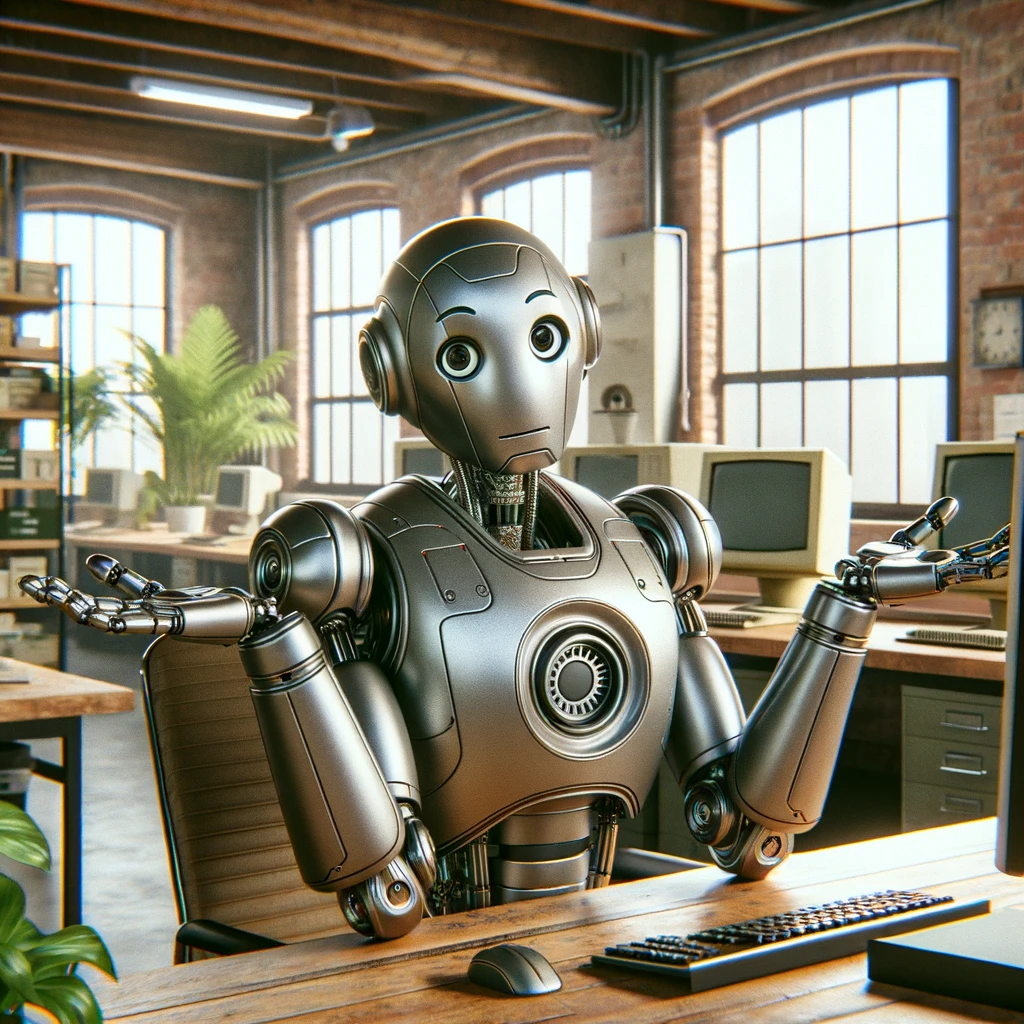 Image of an apologetic robot shrugging in front of a computer at a desk.