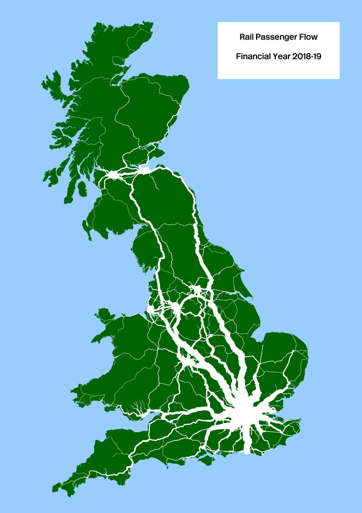 Map of Britain in dark-green in a blue sea with aggregated ORR  passenger flow numbers for 2018-19 projected onto the centre-line track-model in white where width indicates passenger numbers