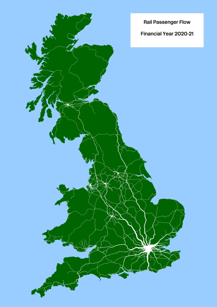 Map of Britain in dark-green in a blue sea with aggregated ORR  passenger flow numbers for 2020-21 projected onto the centre-line track-model in white where width indicates passenger numbers