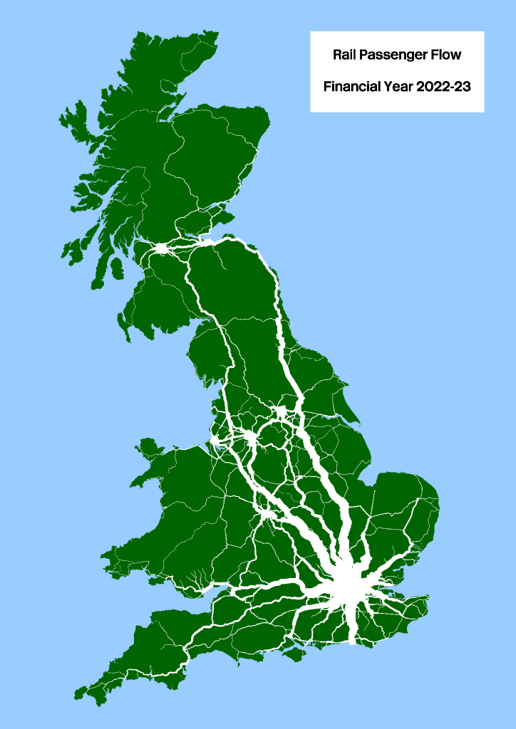 Map of Britain in dark-green in a blue sea with aggregated ORR  passenger flow numbers for 2022-23 projected onto the centre-line track-model in white where width indicates passenger numbers