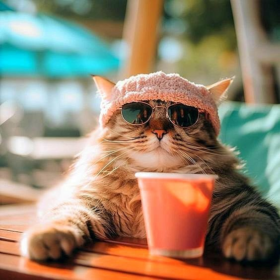 a grey tabby cat wearing a pink beanie and sunglasses, with a drink cup in front of it -- possibly an AI image