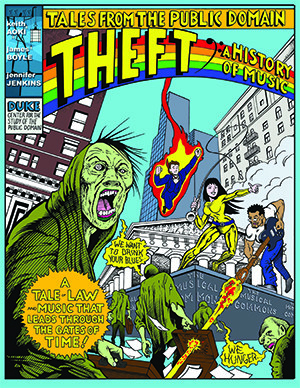 Front cover of the graphic novel. Has on overtitle, "Tales from the public domain" and undertitle "A tale of law and music that leads through the gates of time".

In a metropolitan, US-looking city, three apparent music superheroes fight off a crowd of intellectual property zombies.