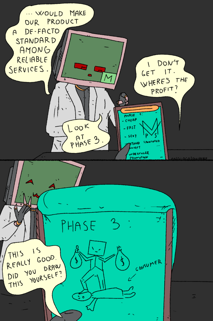 It's the middle of a conversation between a MATA_BOT_RESEARCHER and MATACORP CEO-PRESIDENT.

Bot: "...would make our product a de-facto standard among reliable services."

CEO is looking at a clipboard with features of the proposed product.

MATAVPS, CHEAP FAST SEXY

CEO: "I don't get it, where's the profit."

Bot: "Look at phase 3."

CEO flips a few pages to a list titled Phase 3. It's just a crude pencil drawing of a bot holding bags of money and standing on the face of a consumer.

CEO: "This is really good, did you draw this yourself?"

Bot blushes in the back.