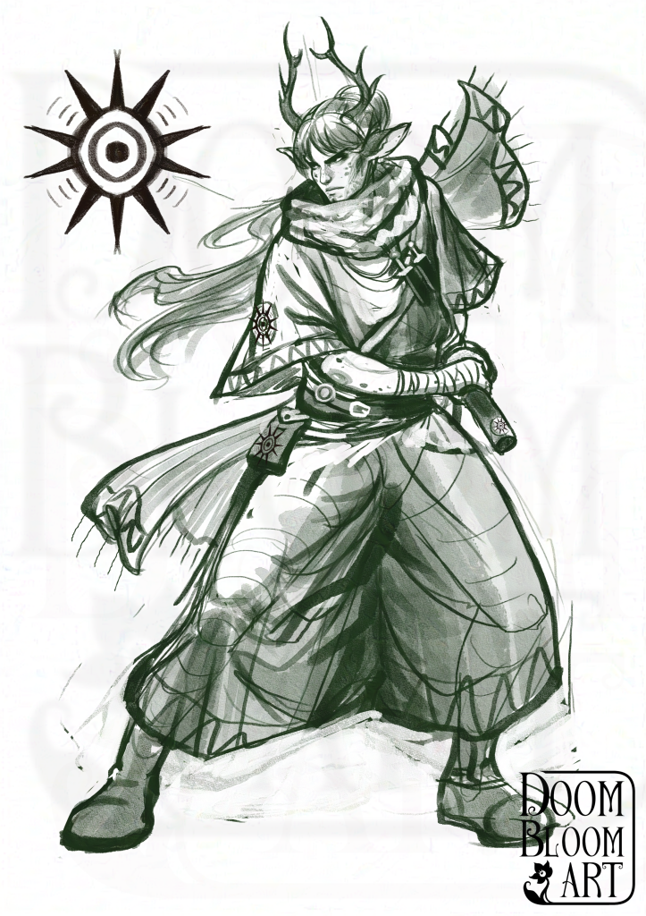 Grayscale sketch of a fantasy character, inspired by samurai. It's a male character with high ponytail, deer-like ears, spotty skin and antlers, in a short sleeved tunic, with big sword and puffy pants, drawing his sword.