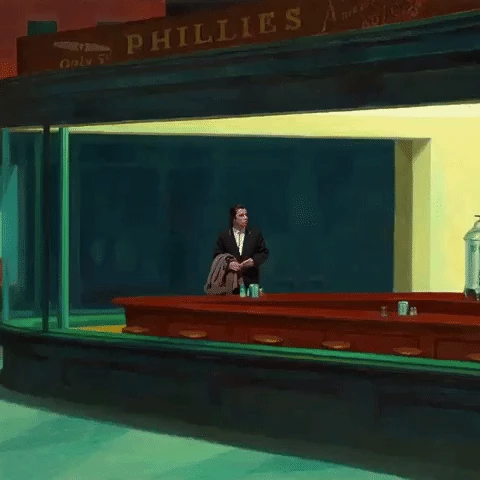 The confused Travolta meme: John Travolta looking confused (clip from Pulp Fiction) in the background of Edward Hopper's Nighthawks, with all the people in the diner removed