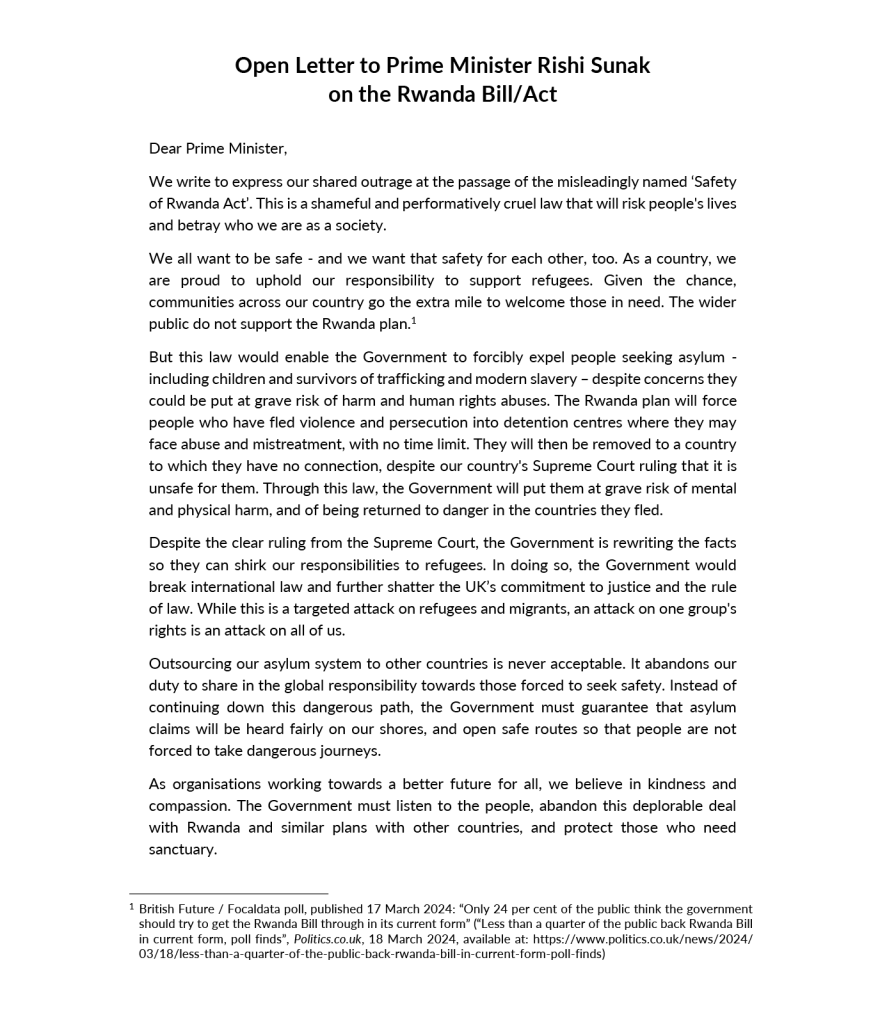 Open letter to Prime Minister Risihi Sunak on the Rwanda Bill/Act