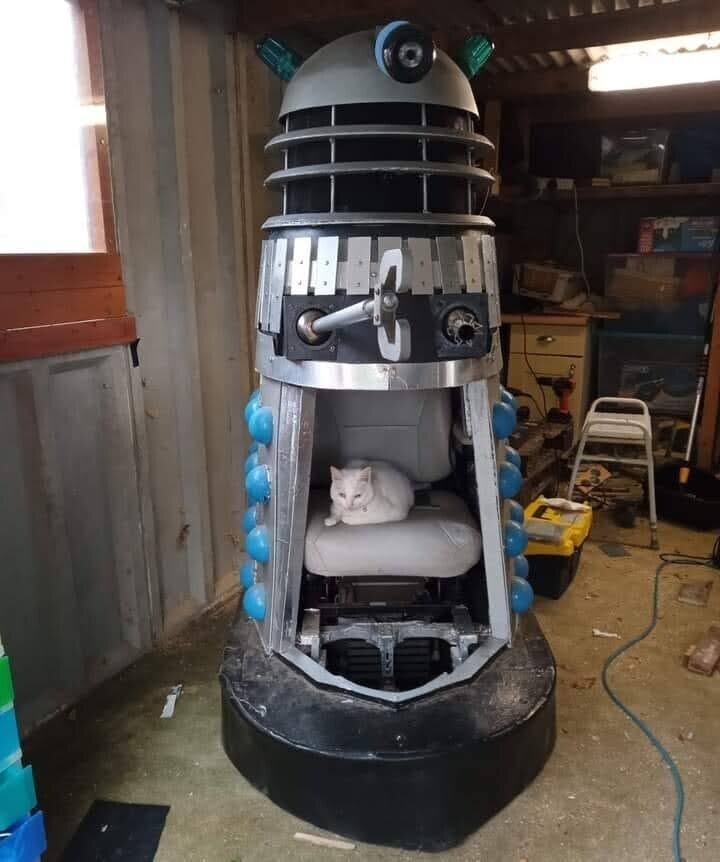 Cat sitting in the control seat of a Dalek with the front panel removed.