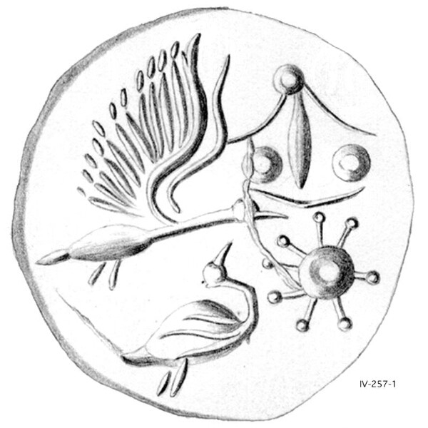 Drawing of a round Minoan seal. Stylized figures of a crane in flight, another one standing and looking up at it. And two symbols that look like a ship and a sun.