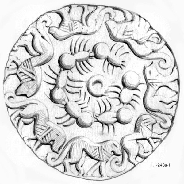 Circular seal design with seven lions walking around the perimeter counterclockwise, and six spiders on the inside moving clockwise